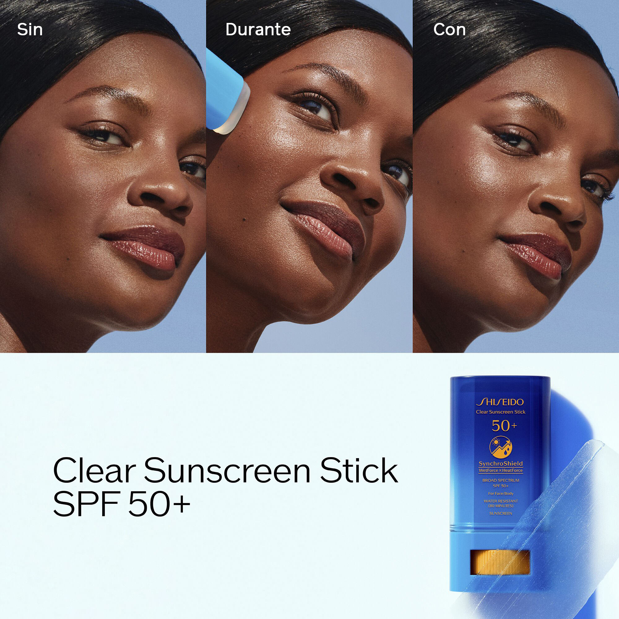 "Una barra cilíndrica cerrada, de color azul brillante de Shiseido Clear Sunscreen Stick SPF 50+, así como detalles sobre el SPF, la protección y la resistencia al agua del filtro solar".