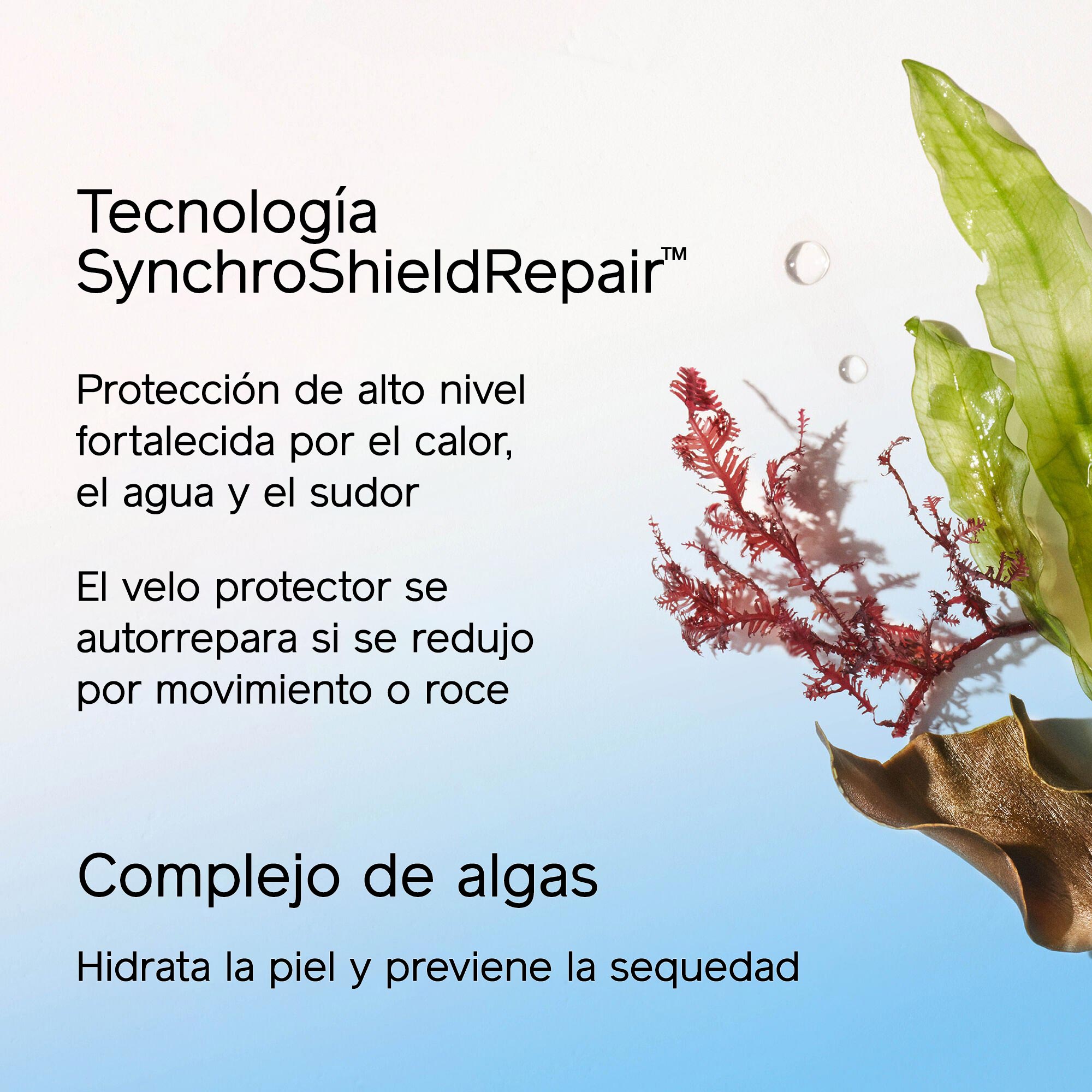 Infografía donde se detalla la tecnología SynchroShieldRepair, que ofrece un alto nivel de protección, que se potencia con el calor, el agua y la transpiración, y se autorrepara si el velo protector se redujo por el movimiento o el roce. A continuación, se describe el Complejo de Algas de la siguiente manera: hidrata la piel y ayuda a evitar la sequedad, con una ilustración a lo largo de hojas de algas marinas verdes, rojas y marrones.