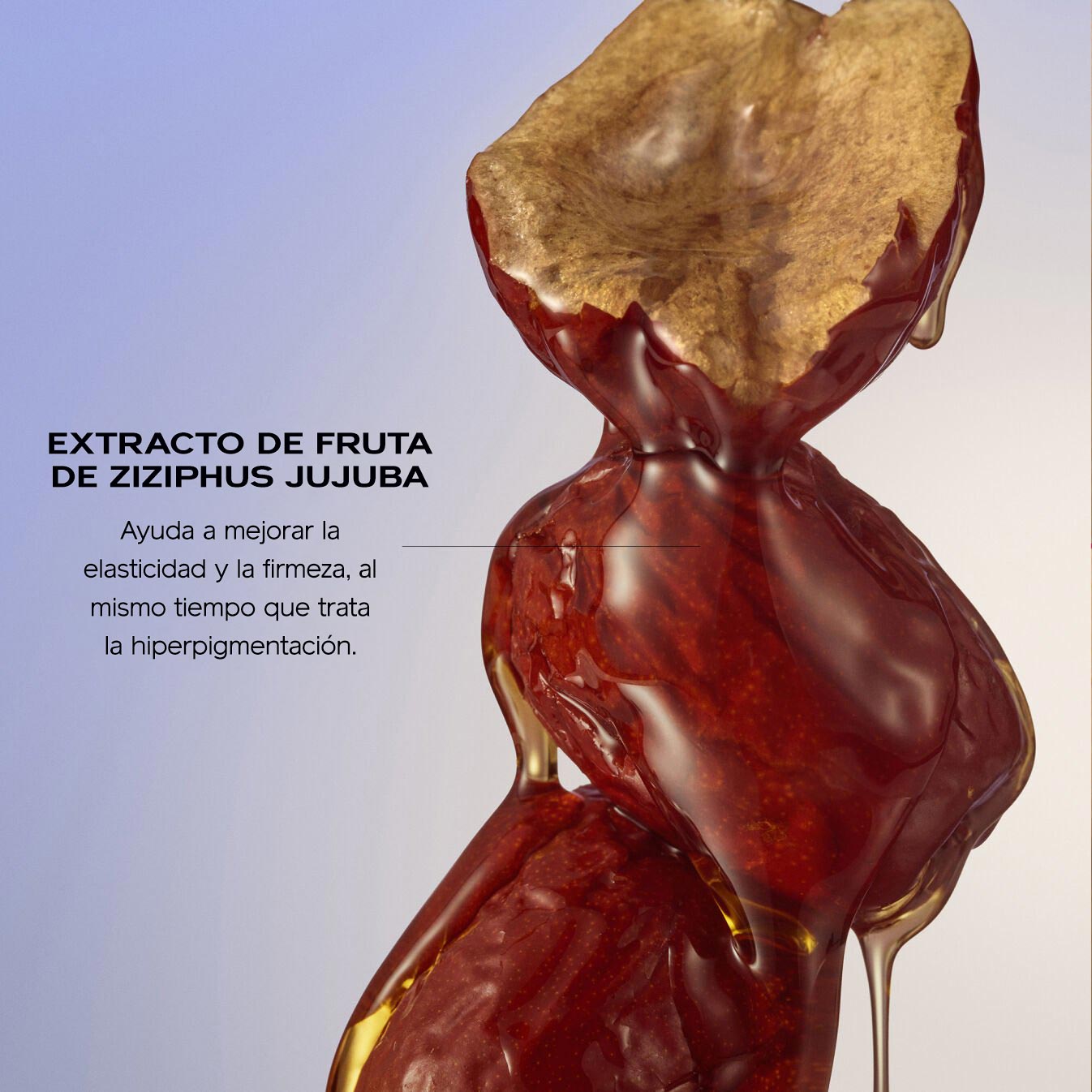 Las frutas Ziziphus Jujuba brillantes y bañadas en almíbar apiladas en forma vertical con la fruta superior cortada para mostrar su textura. En el texto de la izquierda se lee: "Extracto de fruta Ziziphus Jujuba. Ayuda a mejorar la elasticidad y la firmeza, al mismo tiempo que trata la hiperpigmentación".
