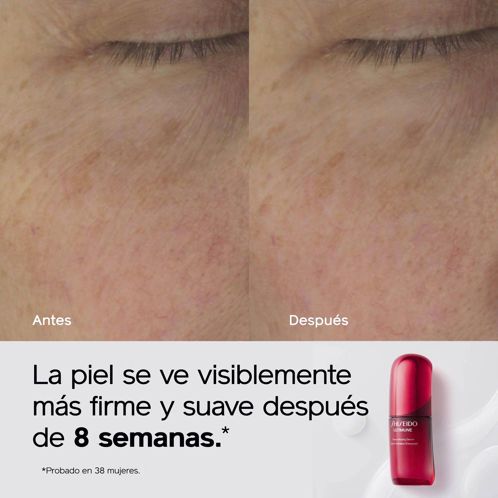 Una imagen dividida muestra un primer plano del "antes" de la piel con arrugas y manchas del sol junto a un primer plano del "después" de una piel notablemente más suave con menos arrugas y manchas. Debajo, un envase rojo del suero Shiseido Ultimune acompaña al texto: "La piel luce visiblemente más firme y suave después de 8 semanas".