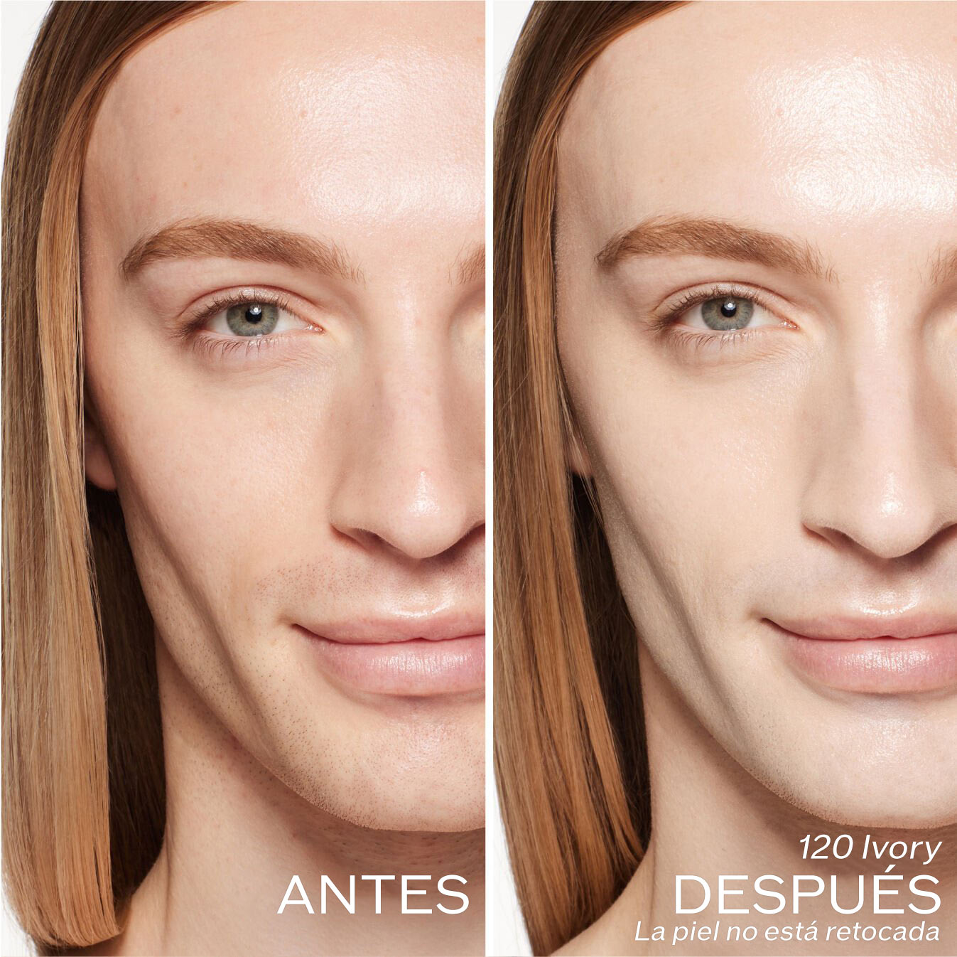 Dos fotografías de una modelo. La primera imagen es una foto del rostro antes y la segunda después de aplicar 120 Ivory. La piel no está retocada.