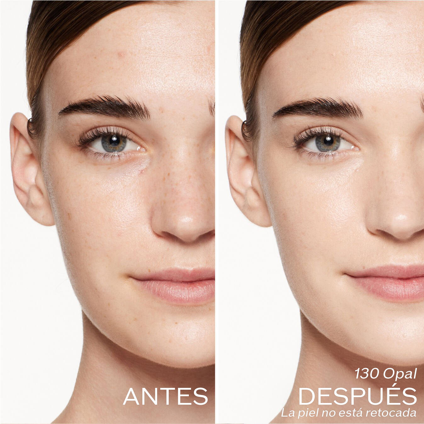 Dos fotografías de una modelo. La primera imagen es una foto del rostro antes y la segunda después de aplicar 130 Opal. La piel no está retocada.