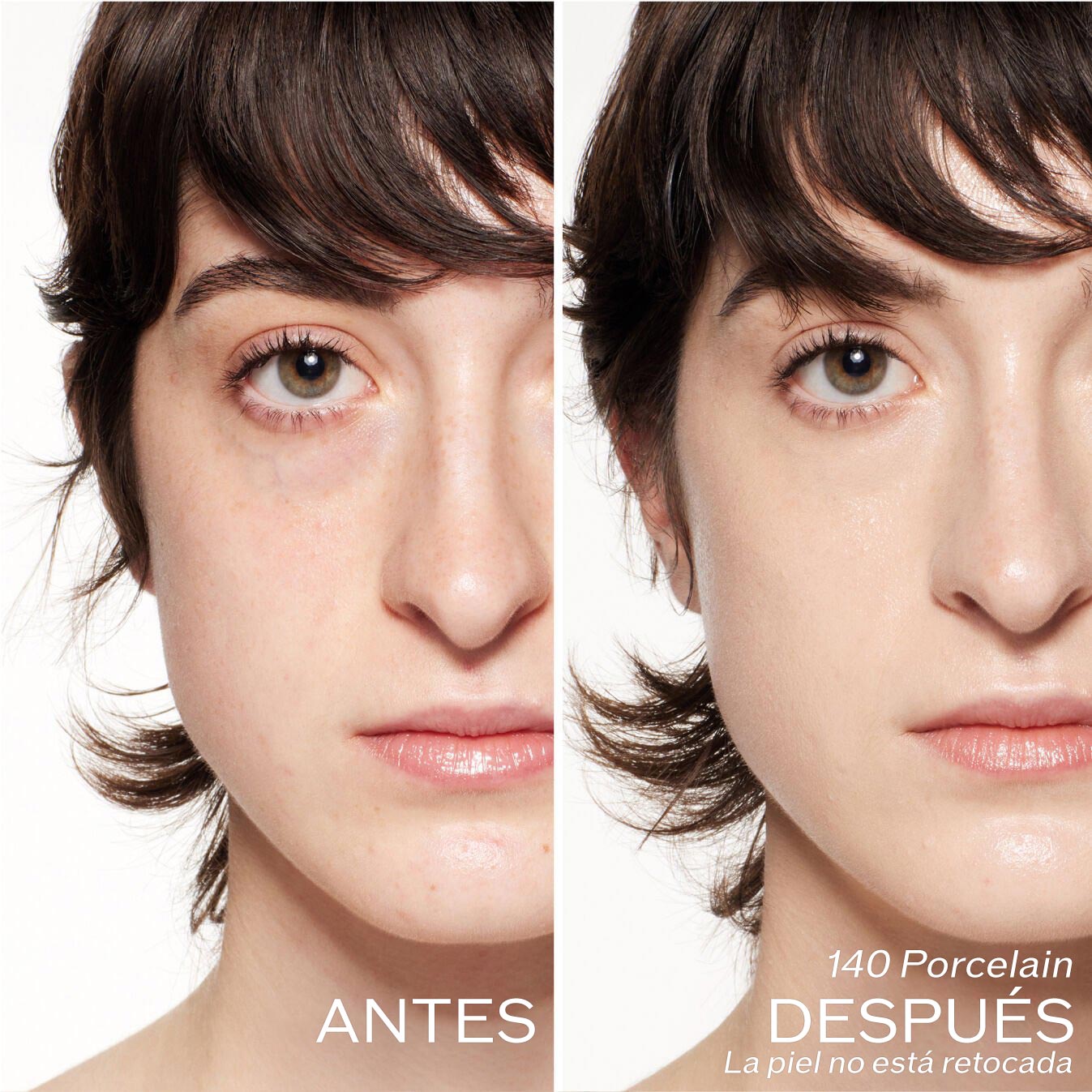 Dos fotografías de una modelo. La primera imagen es una foto del rostro antes y la segunda después de aplicar 140 Porcelain, La piel no está retocada.