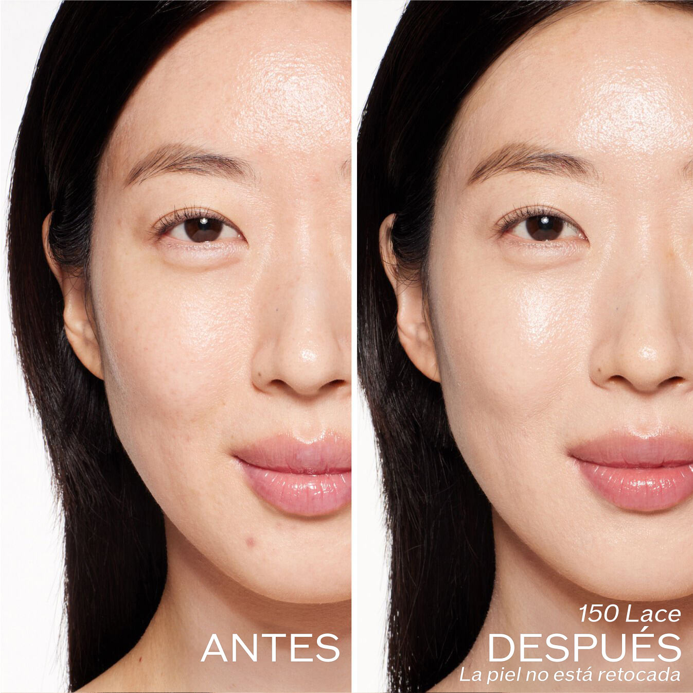 Dos fotografías de una modelo. La primera imagen es una foto del rostro antes y la segunda después de aplicar 150 Lace. La piel no está retocada.