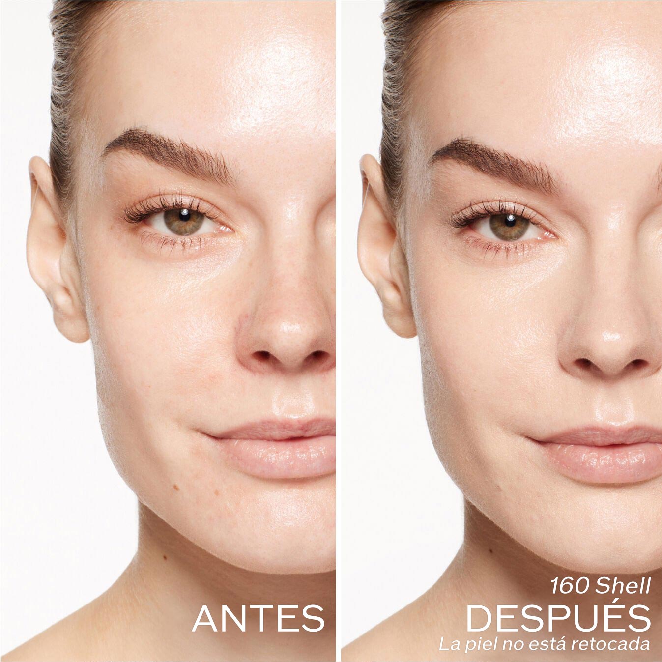 Dos fotografías de una modelo. La primera imagen es una foto del rostro antes y la segunda después de aplicar 160 Shell. La piel no está retocada.