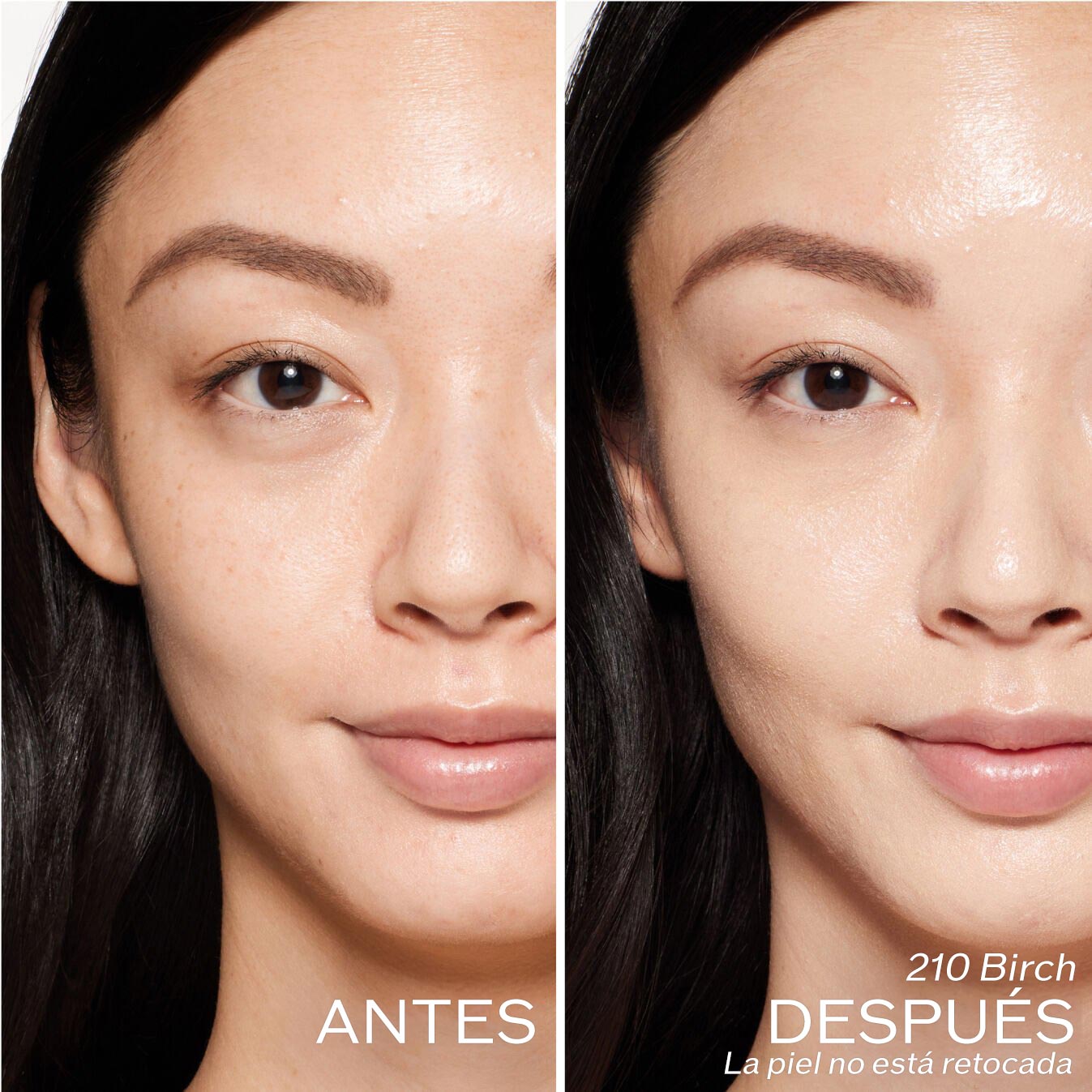 Dos fotografías de una modelo. La primera imagen es una foto del rostro antes y la segunda después de aplicar 210 Birch. La piel no está retocada.