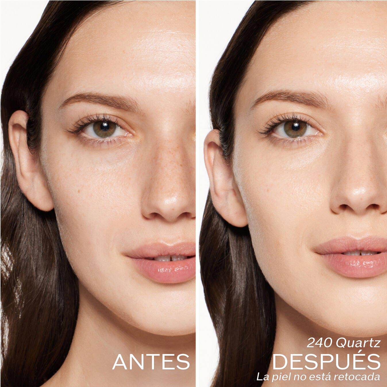 Dos fotografías de una modelo. La primera imagen es una foto del rostro antes y la segunda después de aplicar 240 Quartz, La piel no está retocada.
