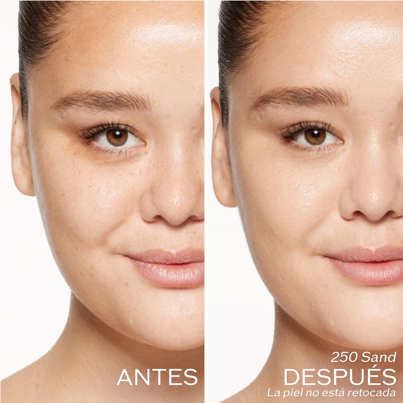 Dos fotografías de una modelo. La primera imagen es una foto del rostro antes y la segunda después de aplicar 250 Sand. La piel no está retocada.