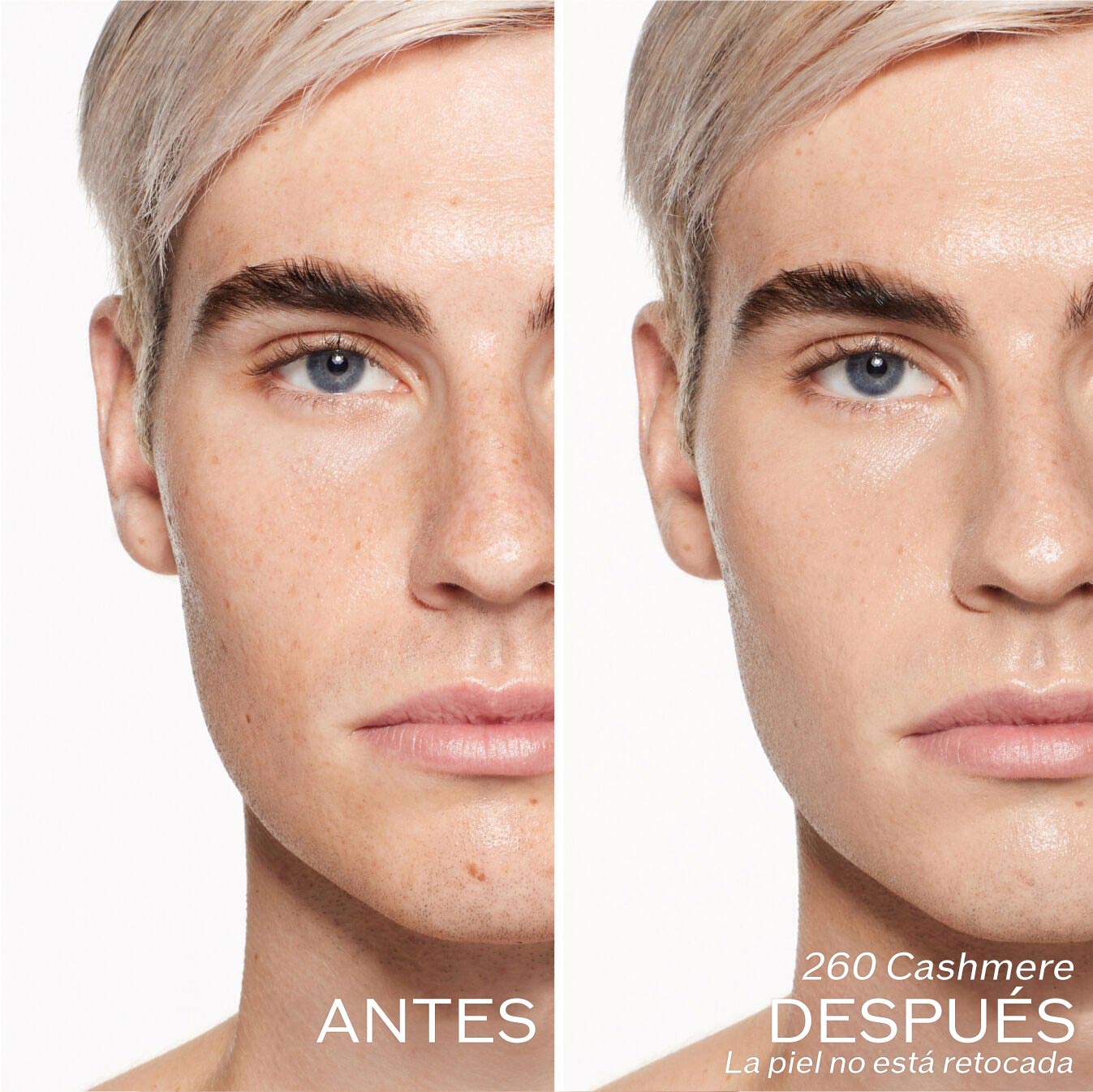 Dos fotografías de una modelo. La primera imagen es una foto del rostro antes y la segunda después de aplicar 260 Cashmere, La piel no está retocada.