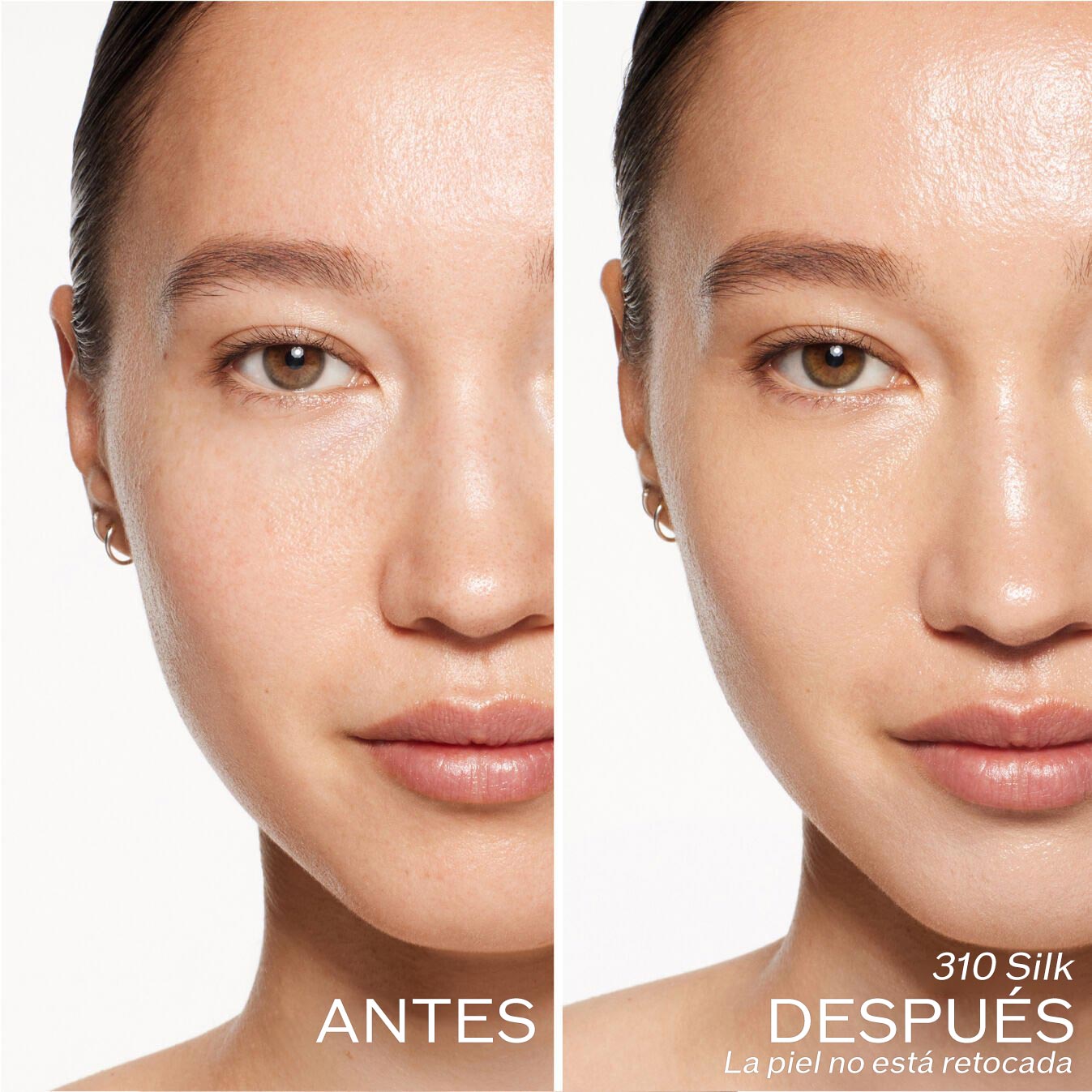 Dos fotografías de una modelo. La primera imagen es una foto del rostro antes y la segunda después de aplicar 310 Silk. La piel no está retocada.