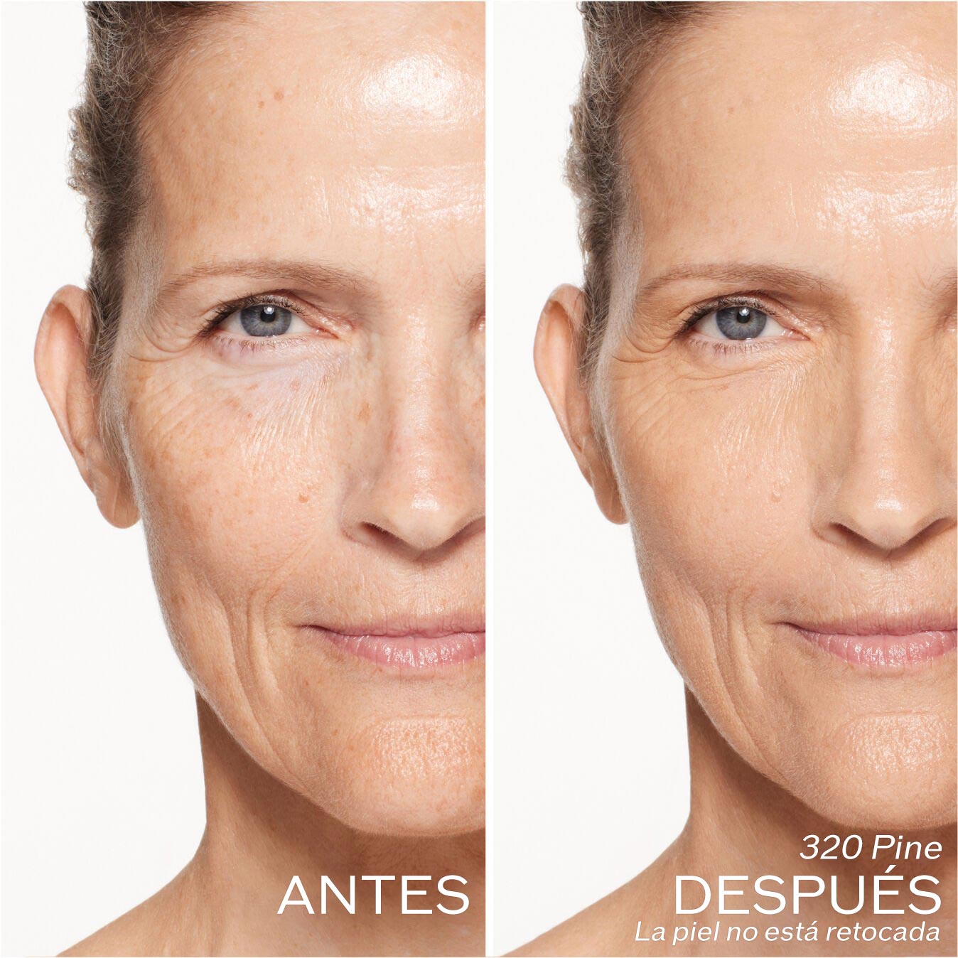 Dos fotografías de una modelo. La primera imagen es una foto del rostro antes y la segunda después de aplicar 320 Pine. La piel no está retocada.