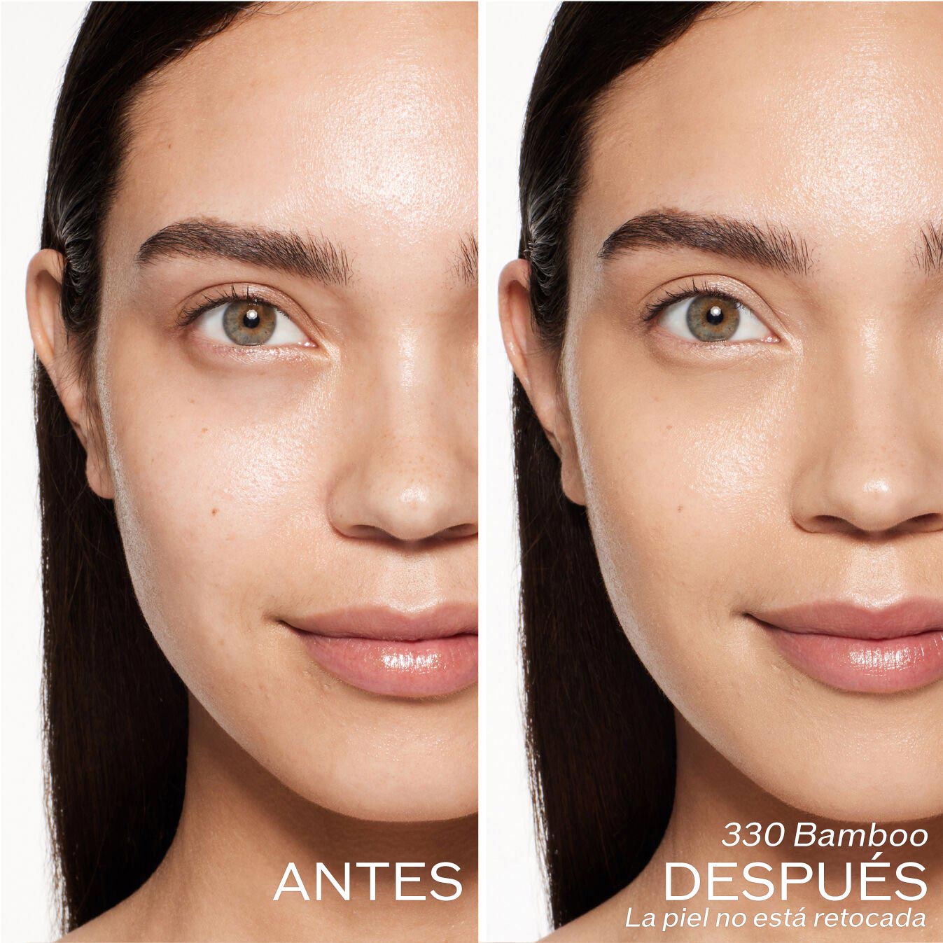 Dos fotografías de una modelo. La primera imagen es una foto del rostro antes y la segunda después de aplicar 330 Bamboo, La piel no está retocada.