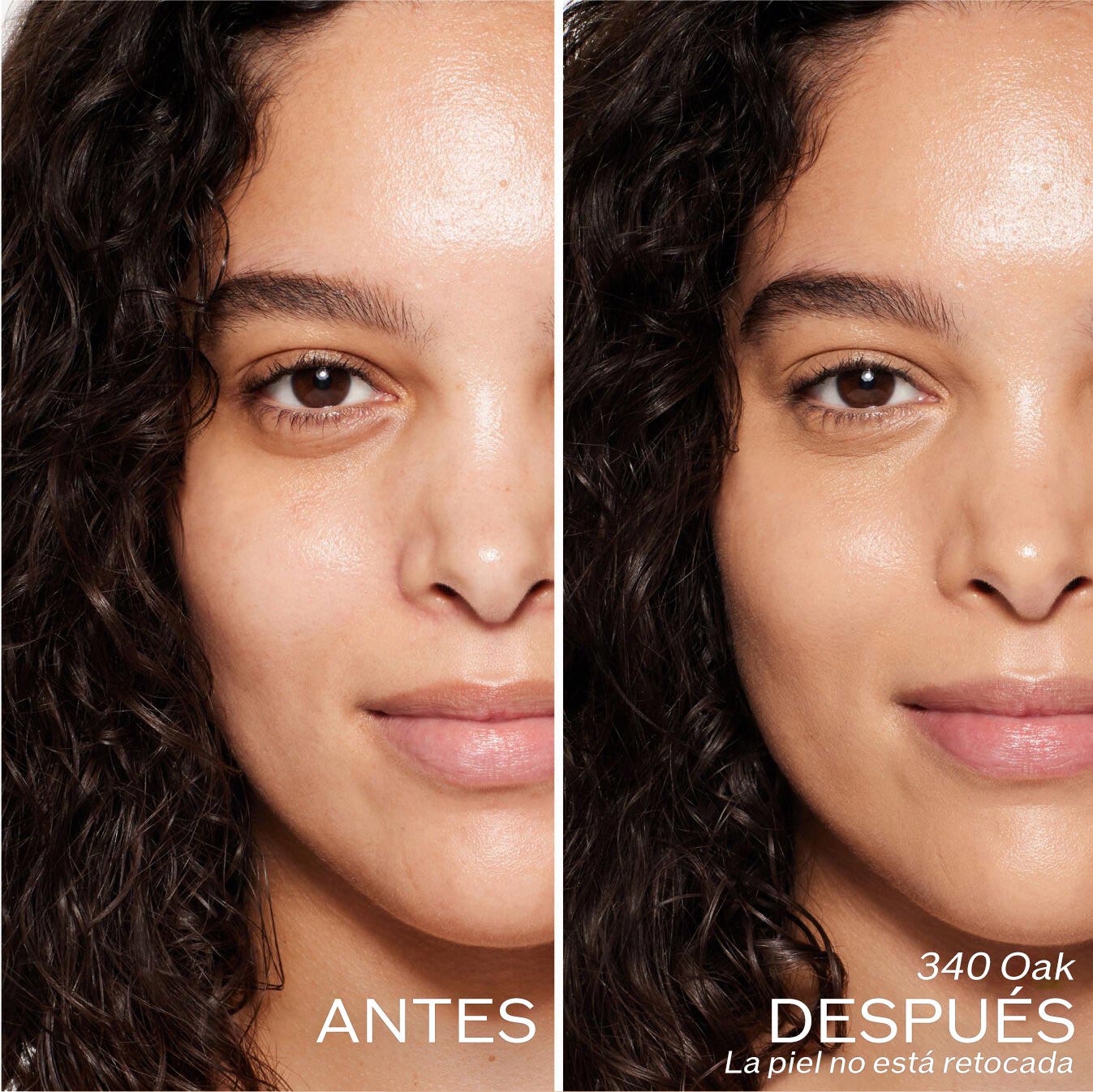 Dos fotografías de una modelo. La primera imagen es una foto del rostro antes y la segunda después de aplicar 340 Oak. La piel no está retocada.