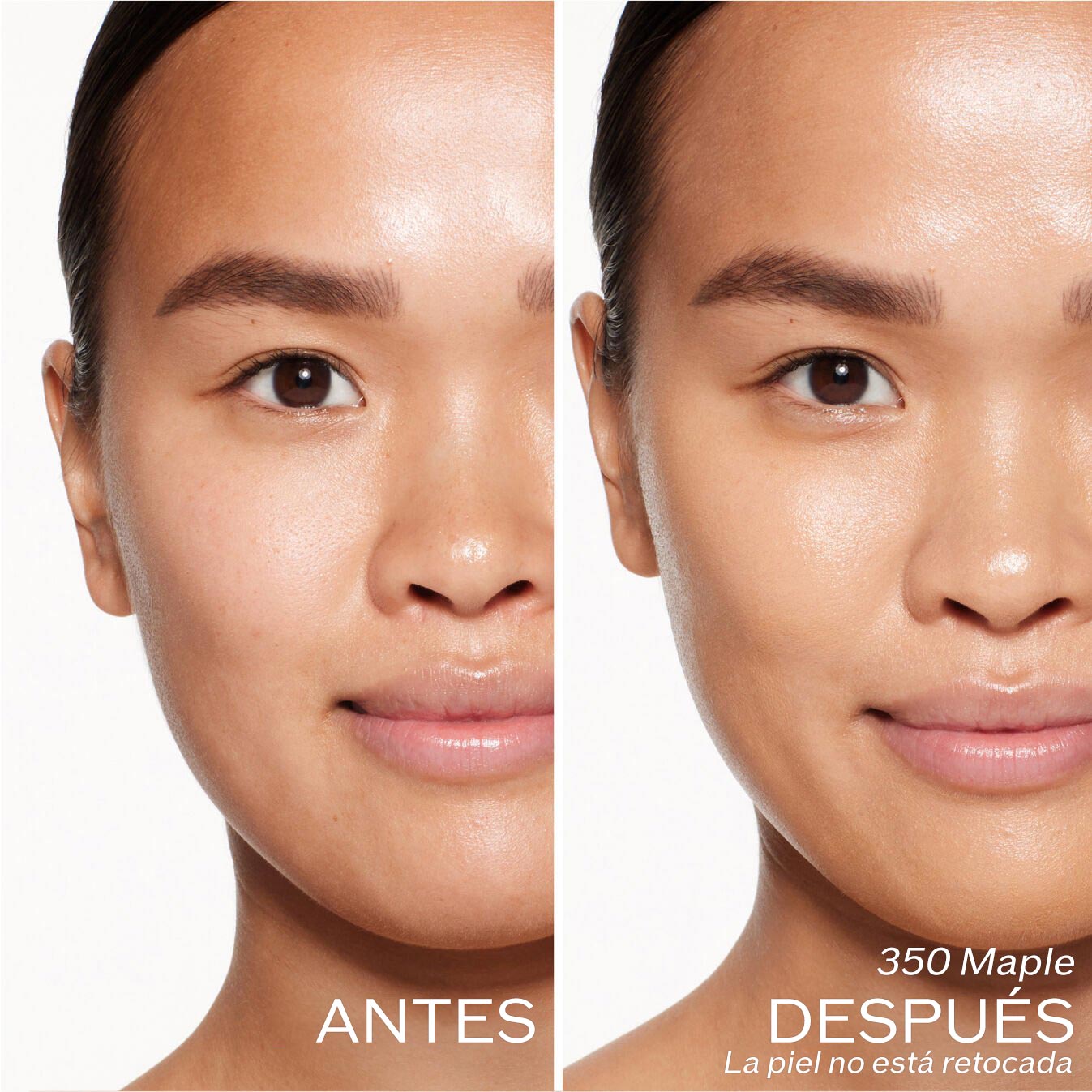 Dos fotografías de una modelo. La primera imagen es una foto del rostro antes y la segunda después de aplicar 350 Maple. La piel no está retocada.
