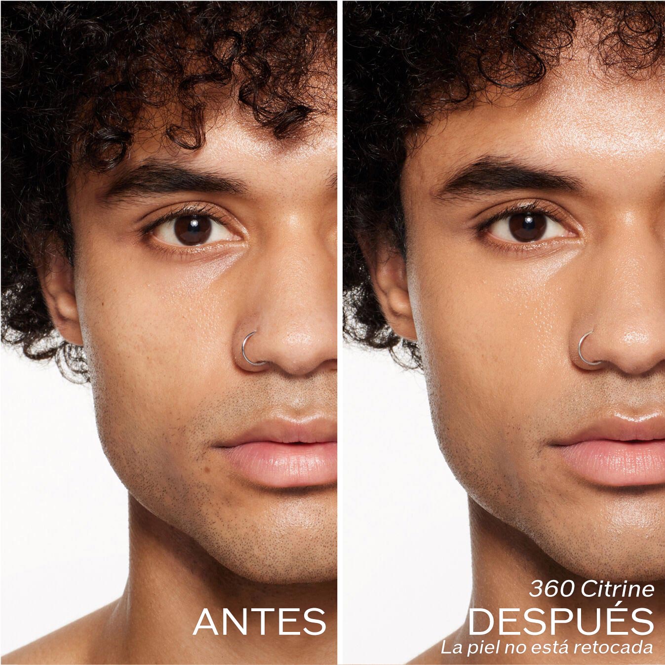 Dos fotografías de una modelo. La primera imagen es una foto del rostro antes y la segunda después de aplicar 360 Citrine, La piel no está retocada.