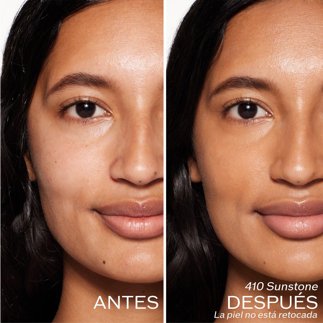 Dos fotografías de una modelo. La primera imagen es una foto del rostro antes y la segunda después de aplicar 410 Sunstone, La piel no está retocada.