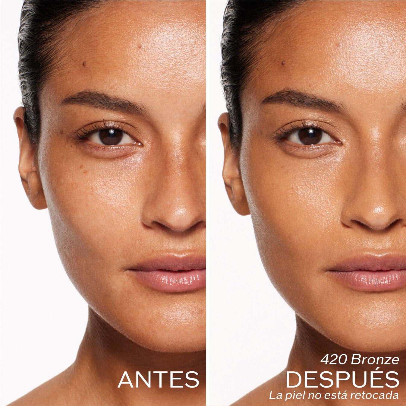 Dos fotografías de una modelo. La primera imagen es una foto del rostro antes y la segunda después de aplicar 420 Bronze, La piel no está retocada.