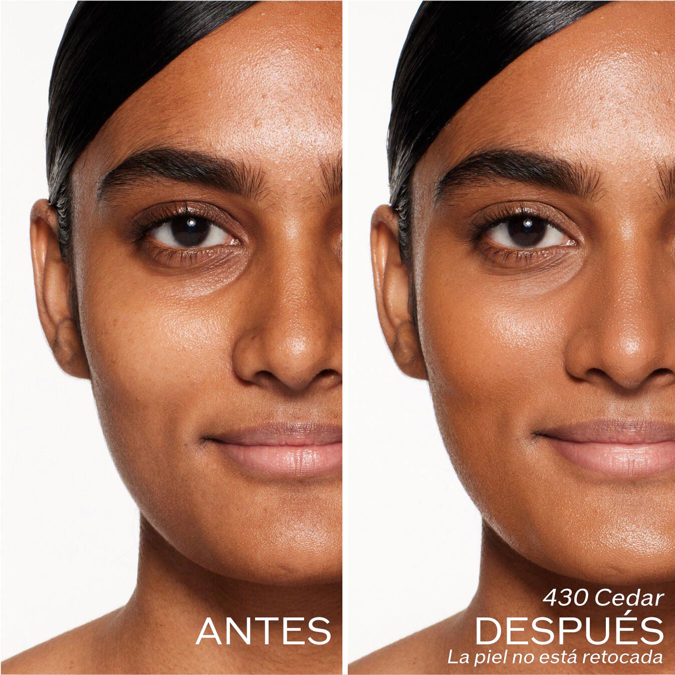 Dos fotografías de una modelo. La primera imagen es una foto del rostro antes y la segunda después de aplicar 430 Cedar. La piel no está retocada.