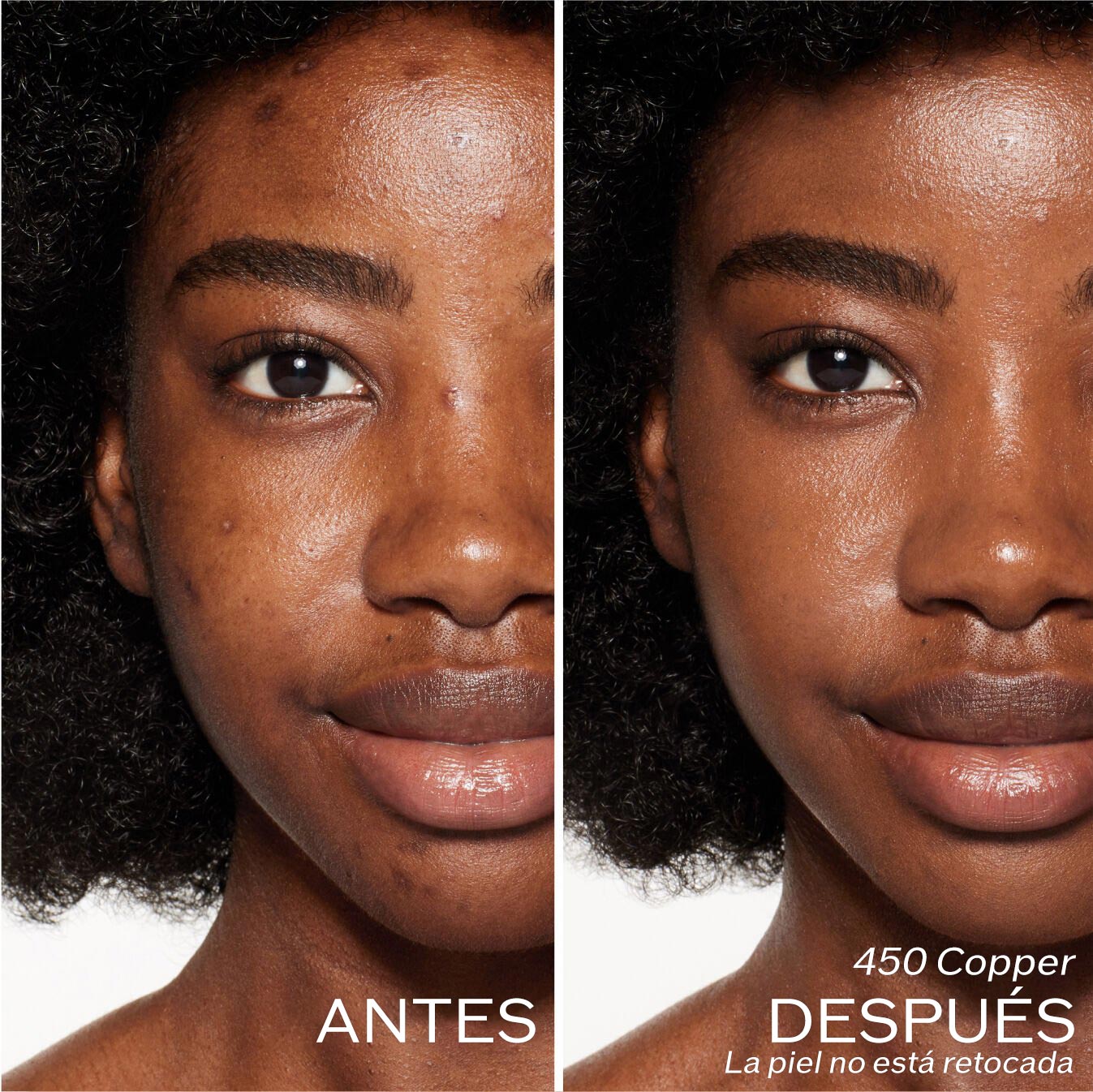 Dos fotografías de una modelo. La primera imagen es una foto del rostro antes y la segunda después de aplicar 450 Copper, La piel no está retocada.
