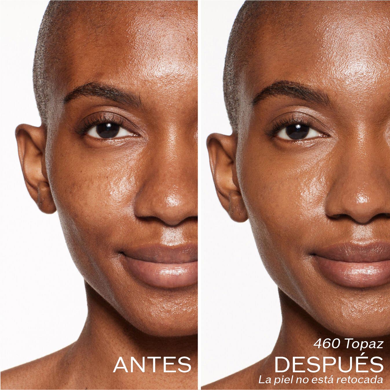 Dos fotografías de una modelo. La primera imagen es una foto del rostro antes y la segunda después de aplicar 460 Topaz. La piel no está retocada.