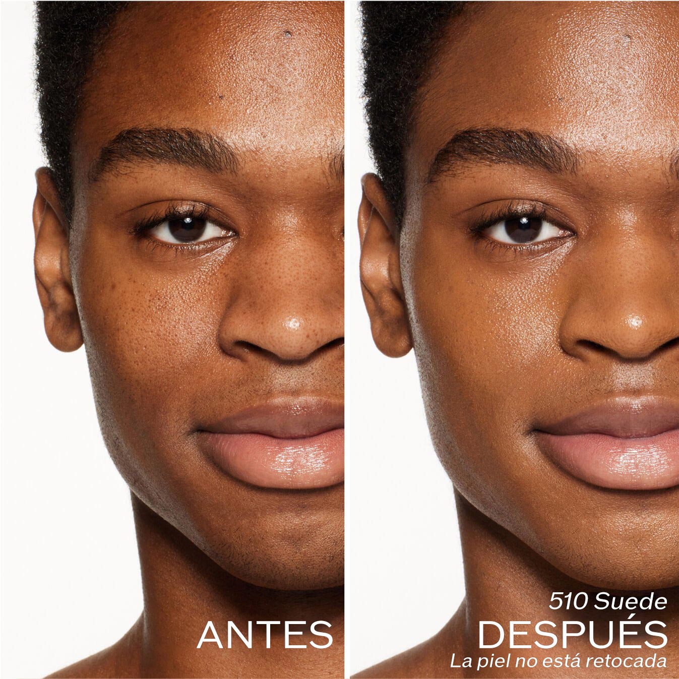 Dos fotografías de una modelo. La primera imagen es una foto del rostro antes y la segunda después de aplicar 510 Suede. La piel no está retocada.