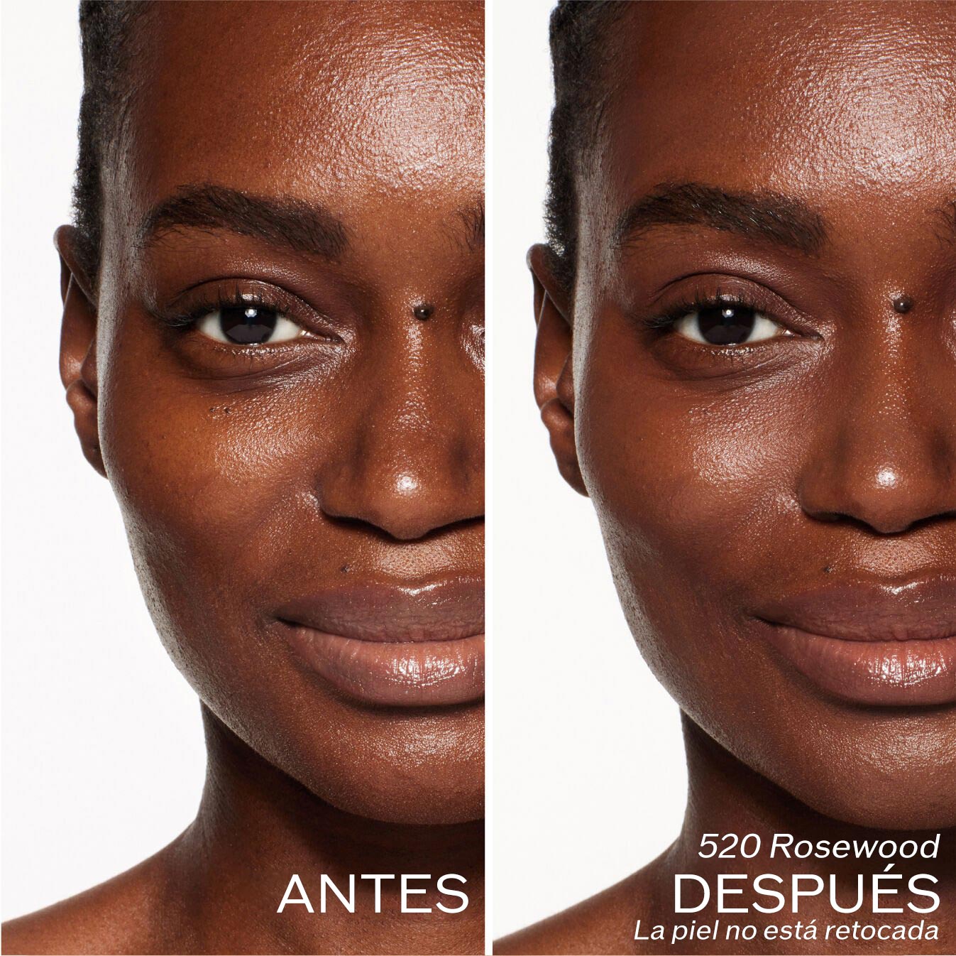 Dos fotografías de una modelo. La primera imagen es una foto del rostro antes y la segunda después de aplicar 520 Rosewood, La piel no está retocada.