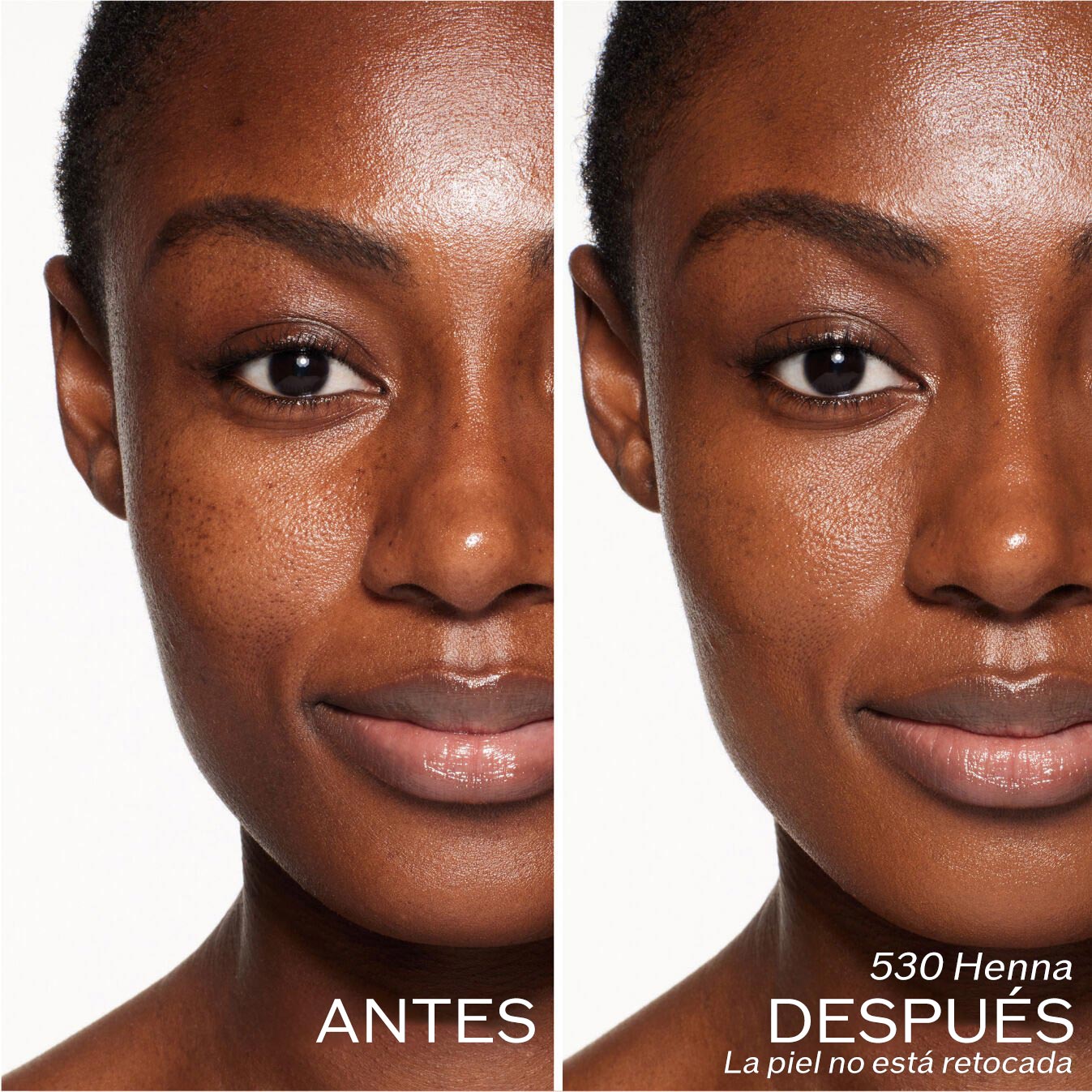 Dos fotografías de una modelo. La primera imagen es una foto del rostro antes y la segunda después de aplicar 530 Henna. La piel no está retocada.