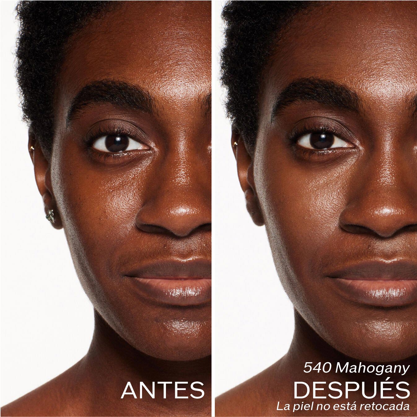 Dos fotografías de una modelo. La primera imagen es una foto del rostro antes y la segunda después de aplicar 540 Mahogany, La piel no está retocada.