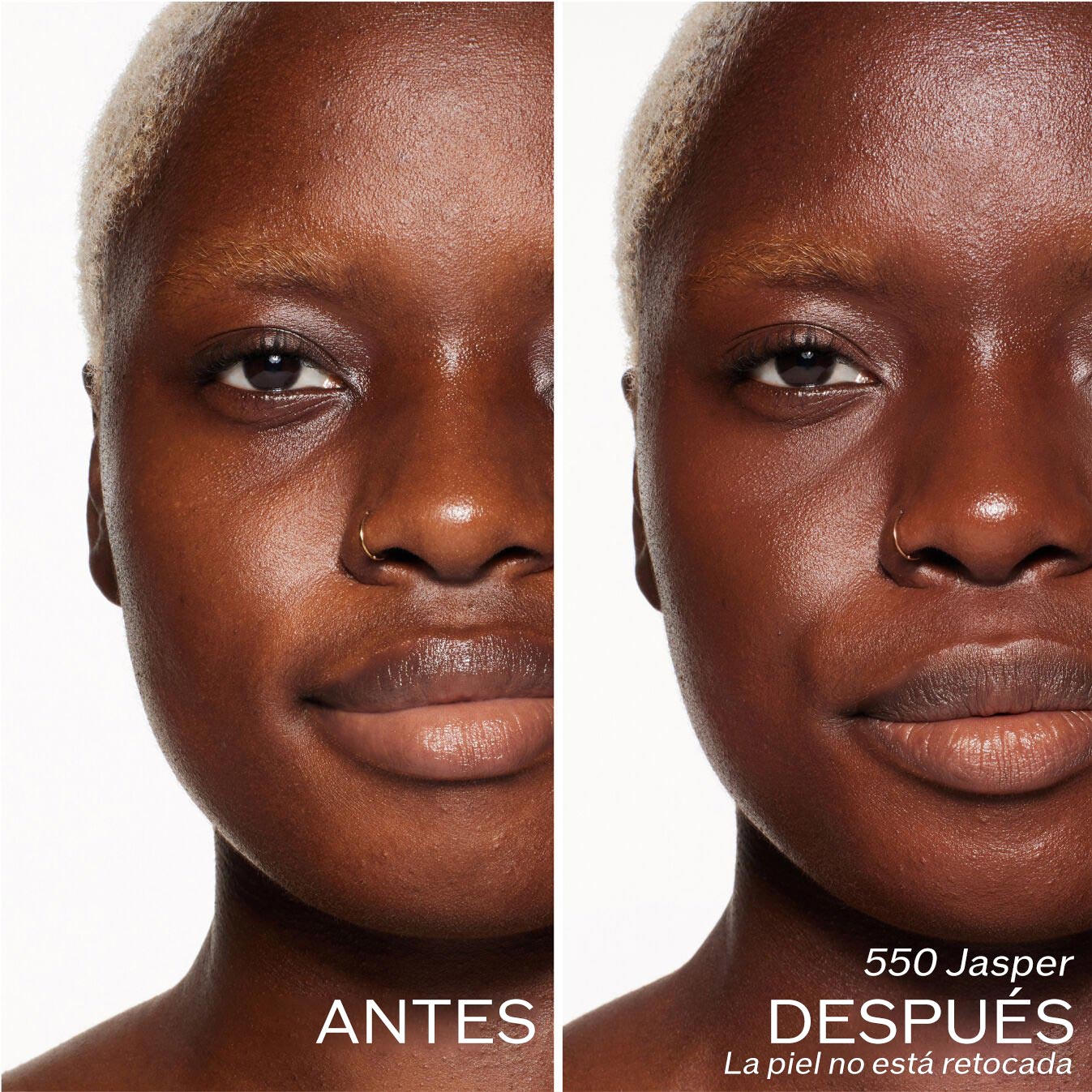 Dos fotografías de una modelo. La primera imagen es una foto del rostro antes y la segunda después de aplicar 550 Jasper, La piel no está retocada.