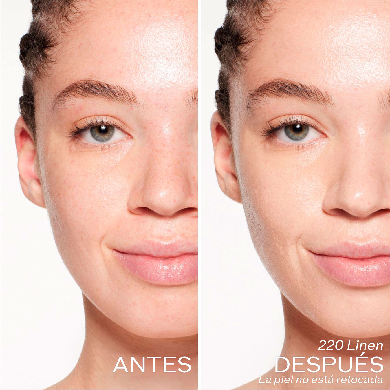 Dos fotografías de una modelo. La primera imagen es una foto del rostro antes y la segunda después de aplicar 220 Linen. La piel no está retocada.
