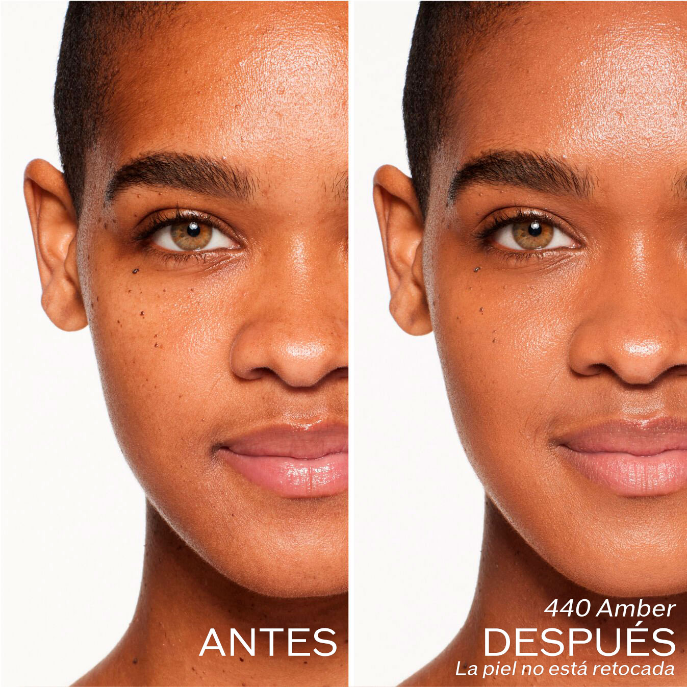 Dos fotografías de una modelo. La primera imagen es una foto del rostro antes y la segunda después de aplicar 440 Amber. La piel no está retocada.
